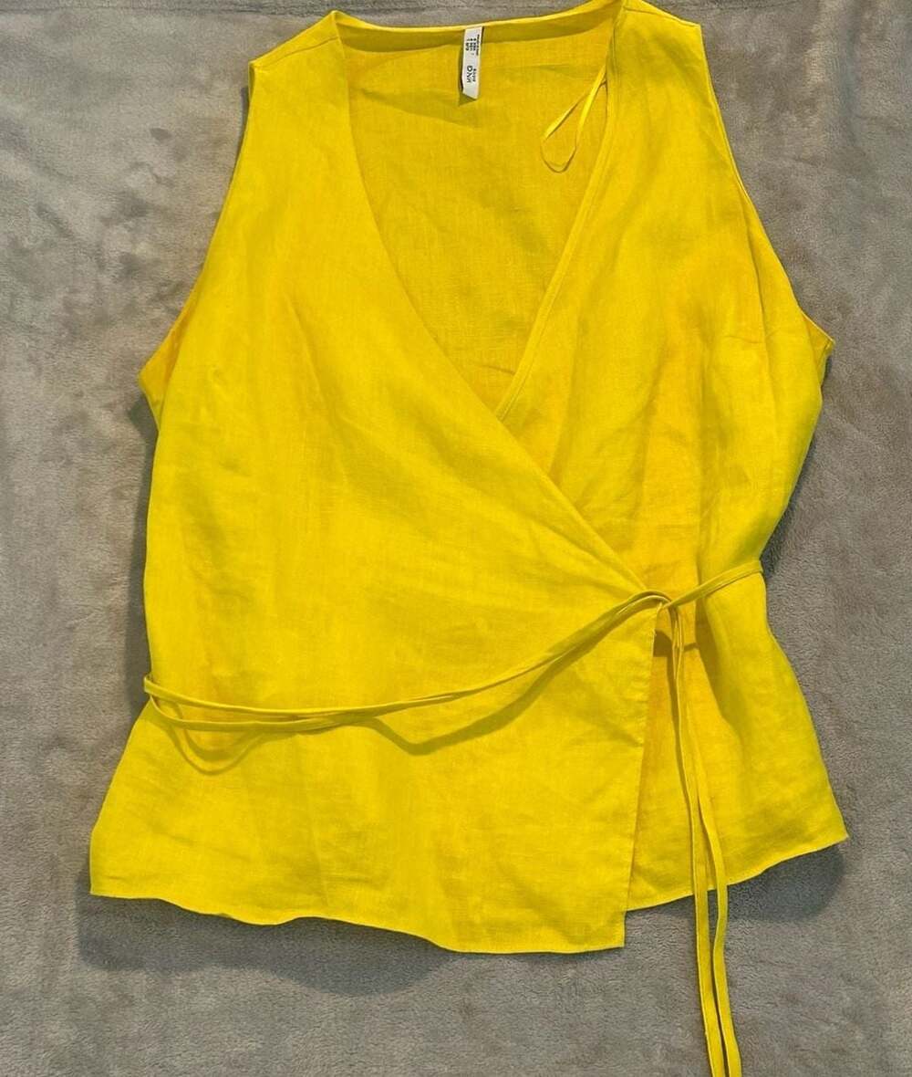 MANGO Basics Women Yellow Linen Solid Wrap Top Size L